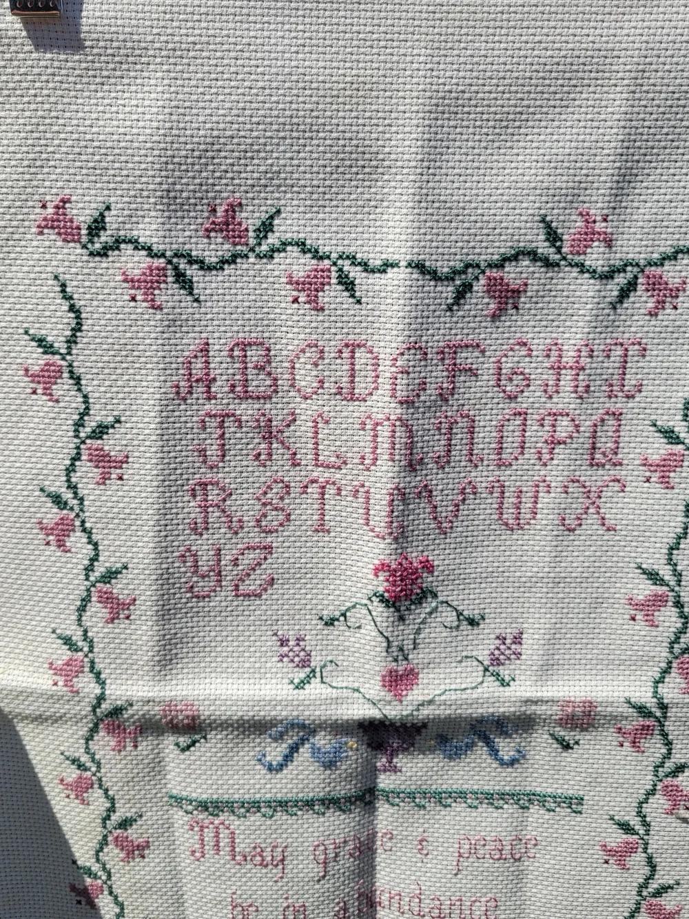 VTG Finished Cross Stitch Alphabet Floral Cottagecore Bible Verse Peter 1:2